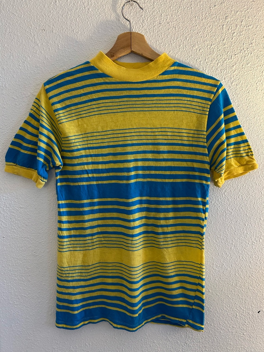 Vintage 70s Striped Ringer T Shirt Yellow Blue Acrylic